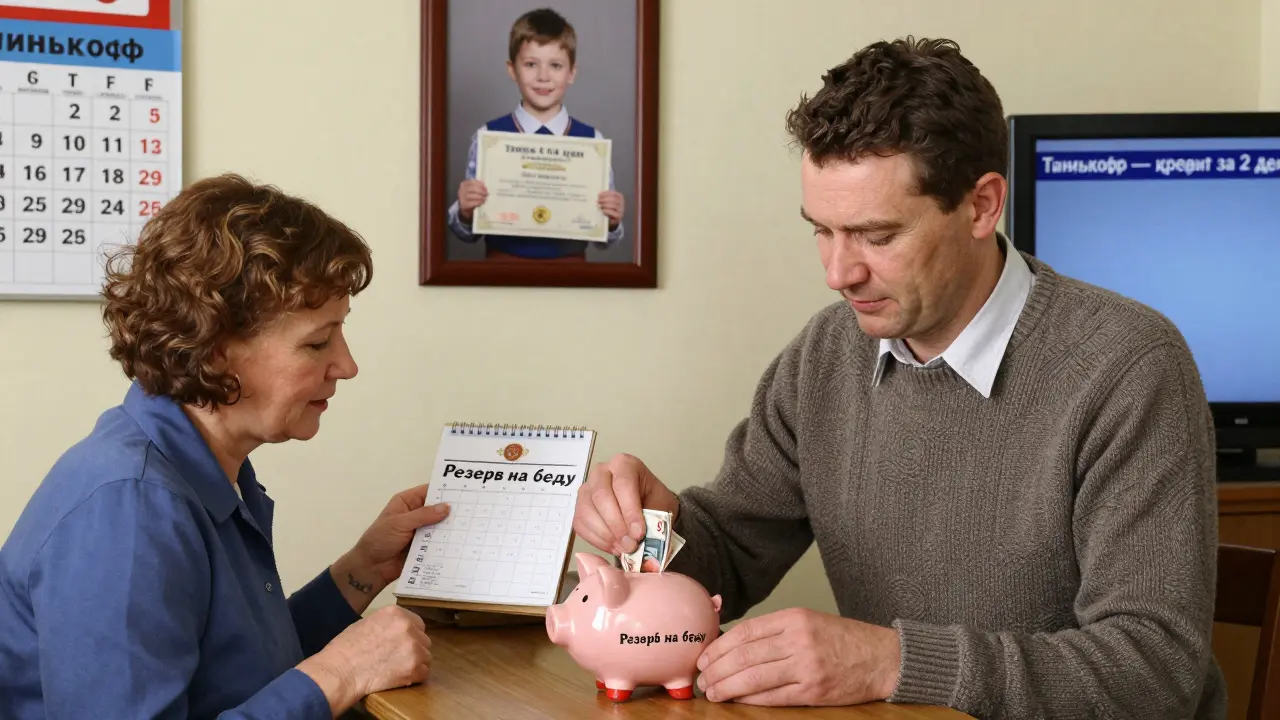 Мужчина копит деньги на чрезвычайный запас, а жена отмечает даты платежей, на фоне семейной фотографии.