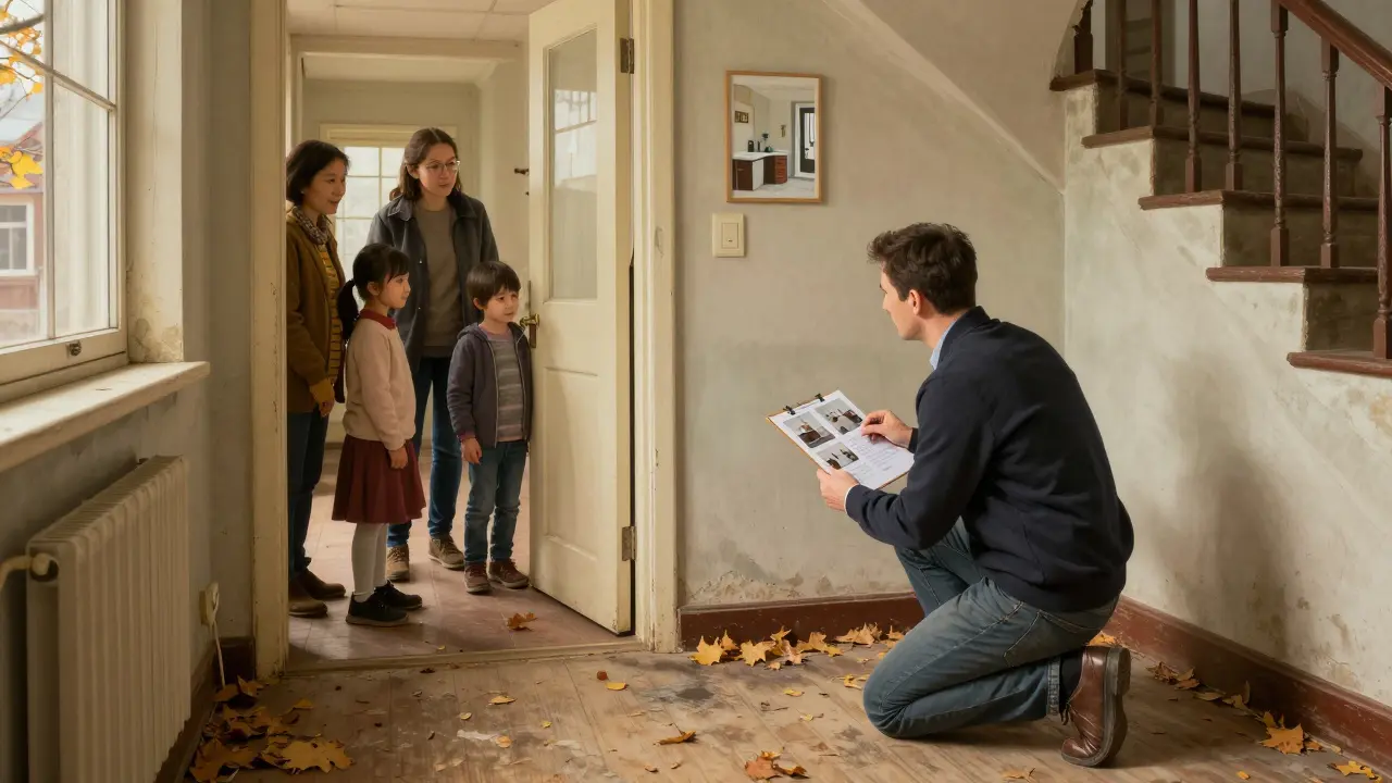 Оценщик осматривает подъезд в Тюмени, семья смотрит с порога, за окном — осенние листья.