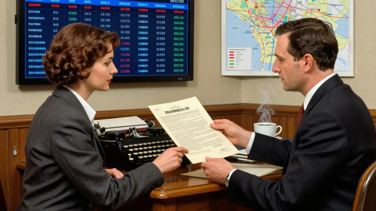 Оценщик передает отчет в банке, за спиной — экран с данными о сделках и кофе на столе.