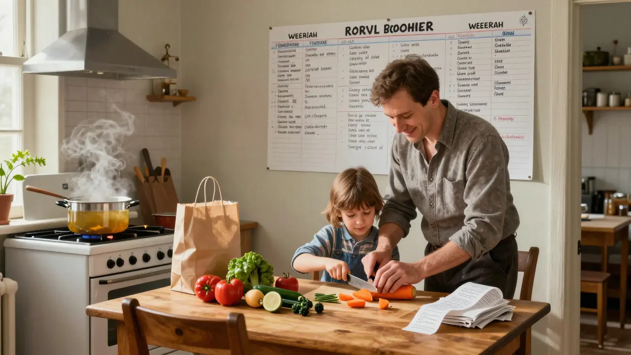 Отец и ребёнок готовят овощи в воскресенье утром, на стене — план меню.