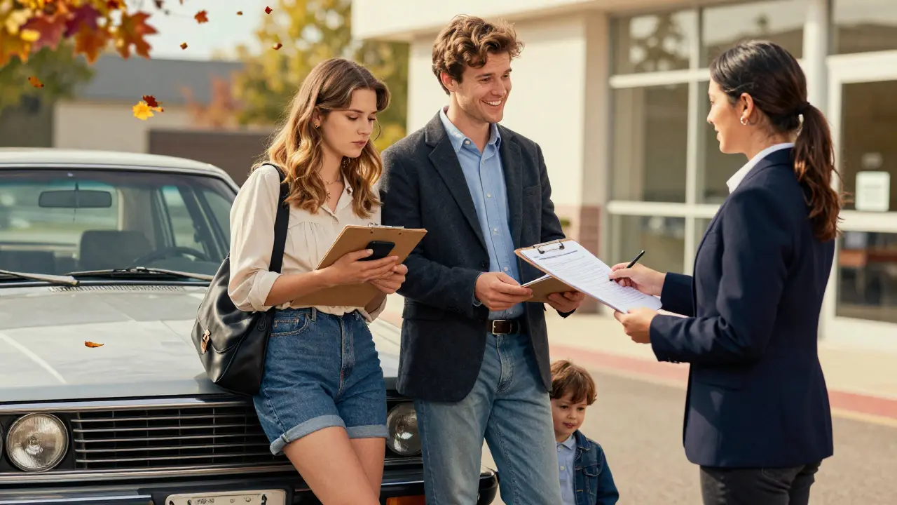Пара с ребенком перед автомобилем передает документы банку в солнечный день.