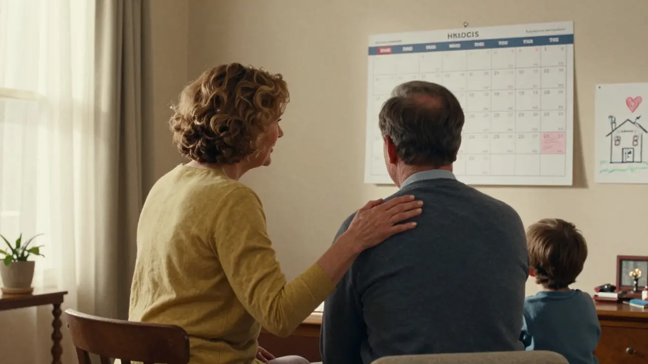 Пара смотрит на календарь с финансовыми целями, ребенок рисует дом с сердцем на стене.