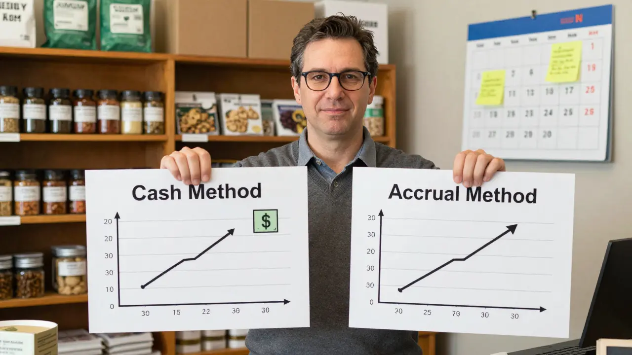 Предприниматель сравнивает два метода учета на диаграммах в своей маленькой лавке, на стене календарь с заметками.