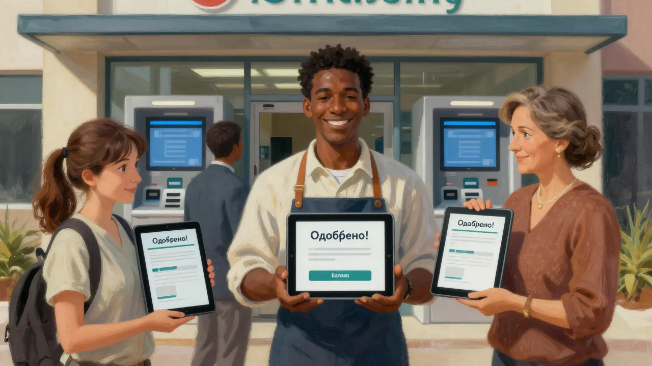 Разные люди подают онлайн-заявки на кредит у банка, один получает одобрение, другой отказывается от страховки.