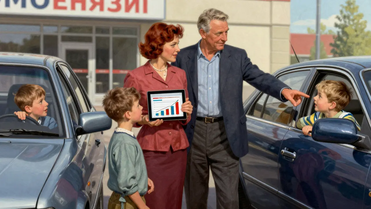 Семья рассматривает новый автомобиль у дилерского центра, родители анализируют кредитные условия.