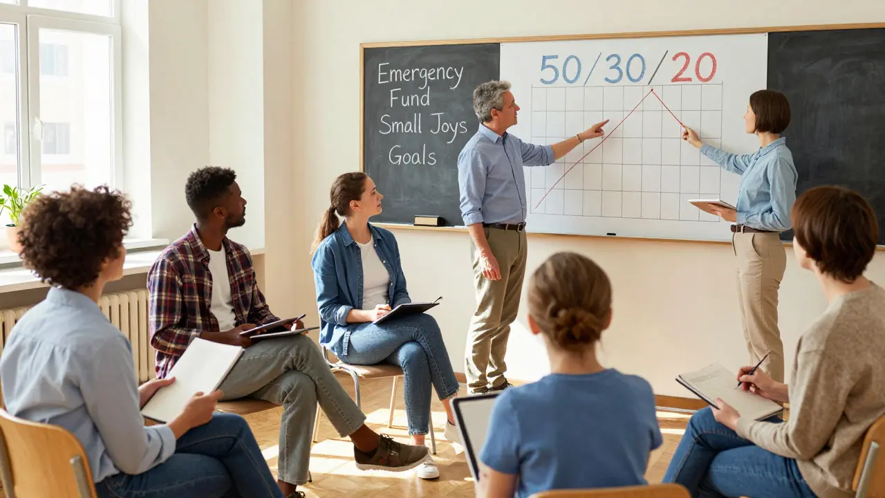 Семьи в центре обучения слушают финансового консультанта, на доске — правила бюджета.