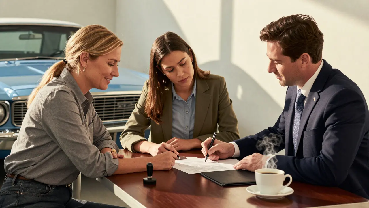 Трое людей подписывают договор о переоформлении автокредита при наличии ПТС.