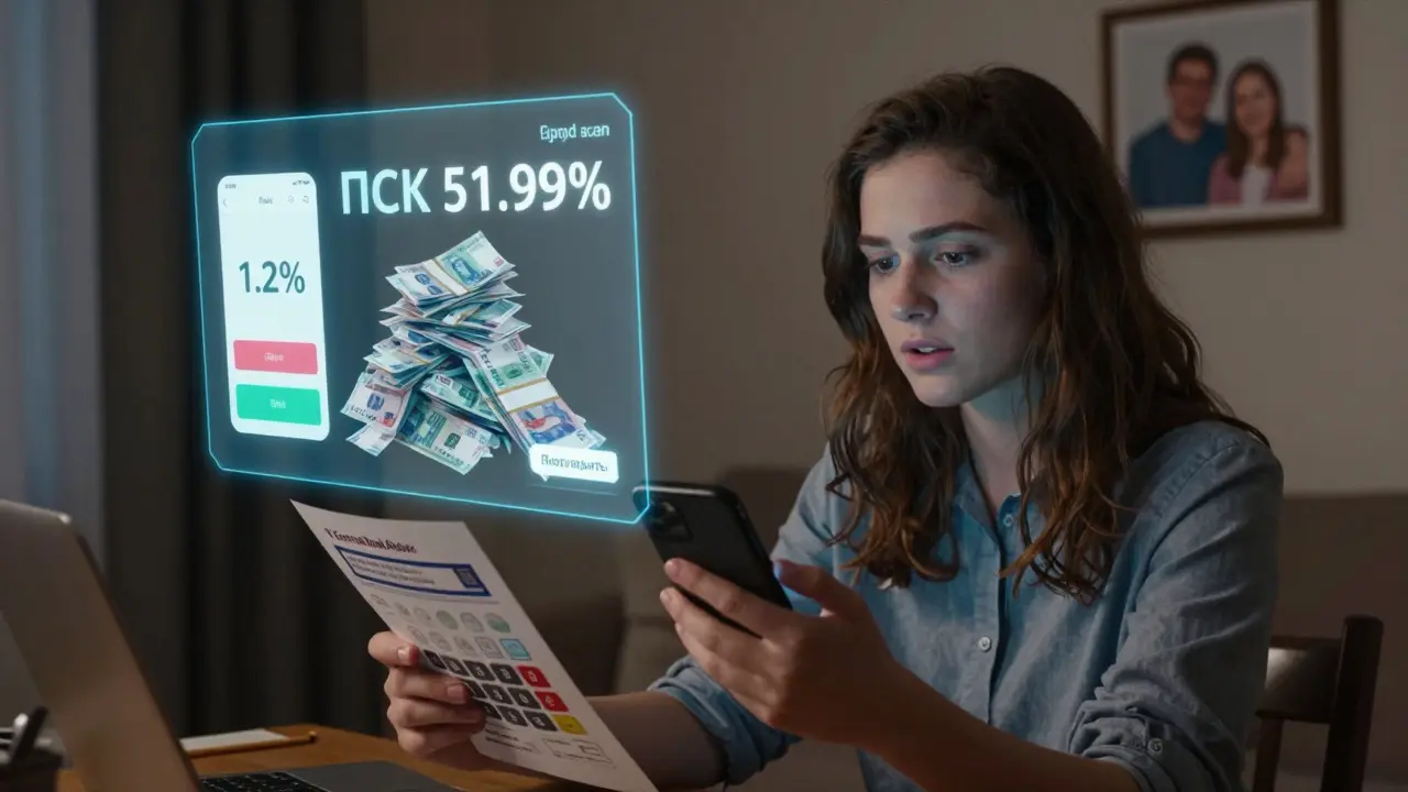 Женщина колеблется перед нажатием кнопки подтверждения кредита, перед ней — сравнение ложного предложения и реальной стоимости.