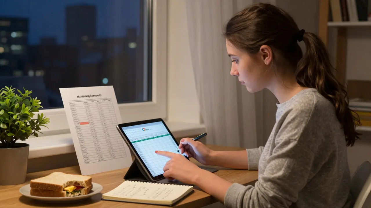 Женщина обновляет таблицу инвестиций на планшете в уютной квартире вечером.