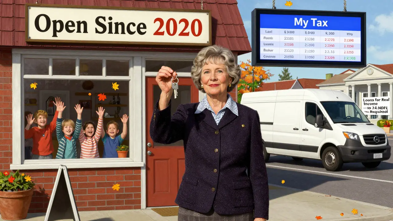 Женщина-пекарь стоит у своей пекарни с ключами от новой машины, на экране — её доходы из налоговой системы.