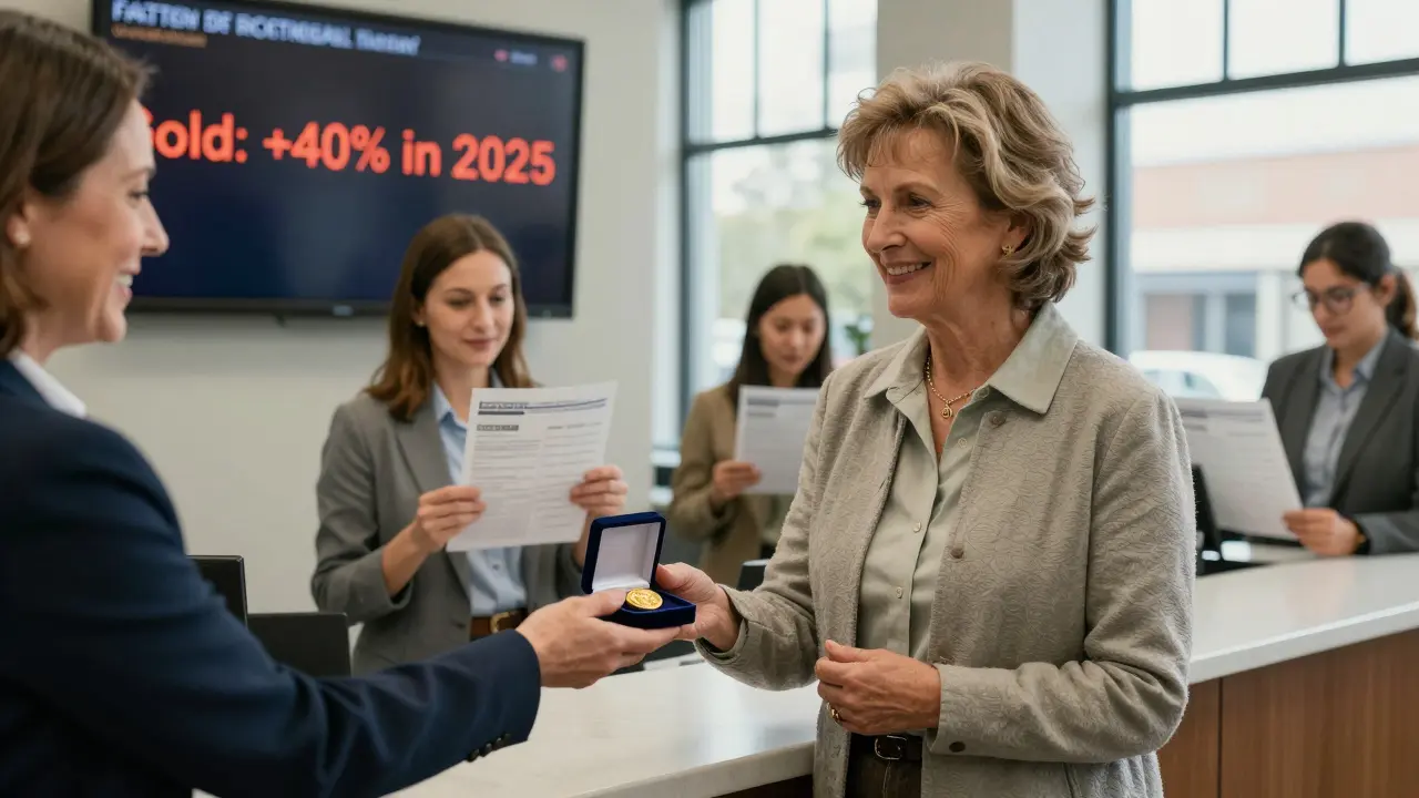 Женщина получает золотой слиток в банке, за спиной — рост цены золота на экране.
