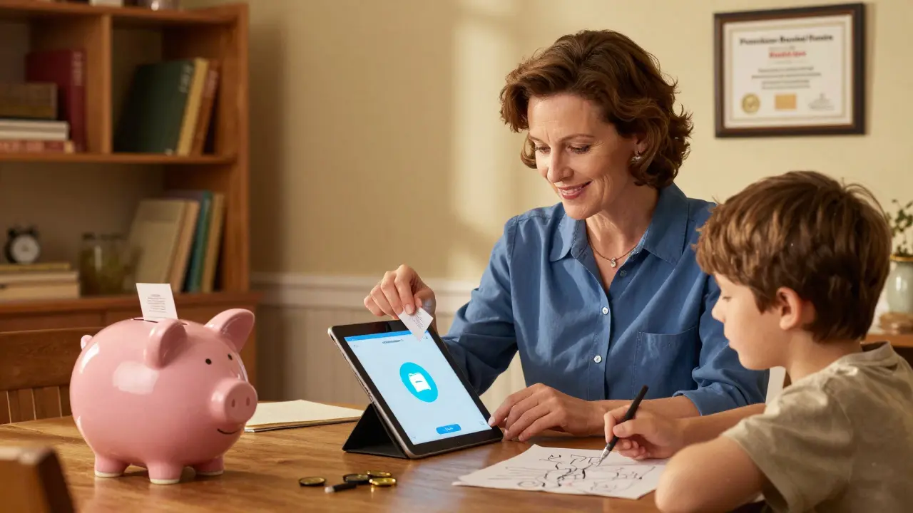 Женщина вносит депозит через приложение, рядом ребёнок рисует копилку, в тёплом домашнем интерьере.