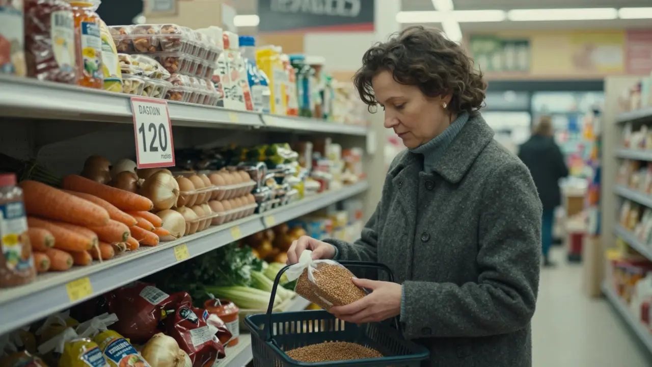 Женщина выбирает гречку в магазине, игнорируя дорогие салаты.