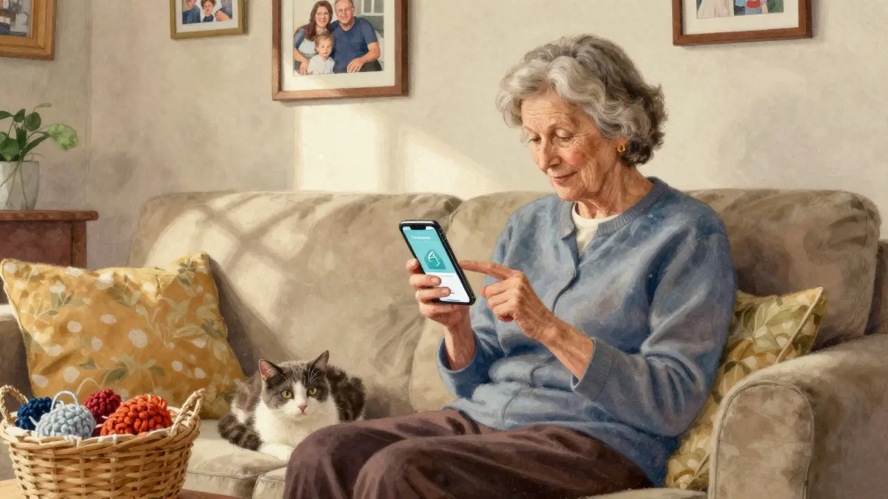 Бабушка с телефоном учится вести семейный бюджет, сидя на диване с котом.