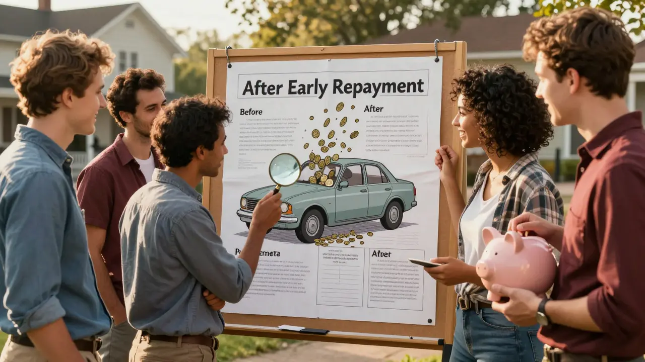 Группа людей изучает диаграмму экономии от досрочного погашения кредита, рядом стоит банка с сбережениями.