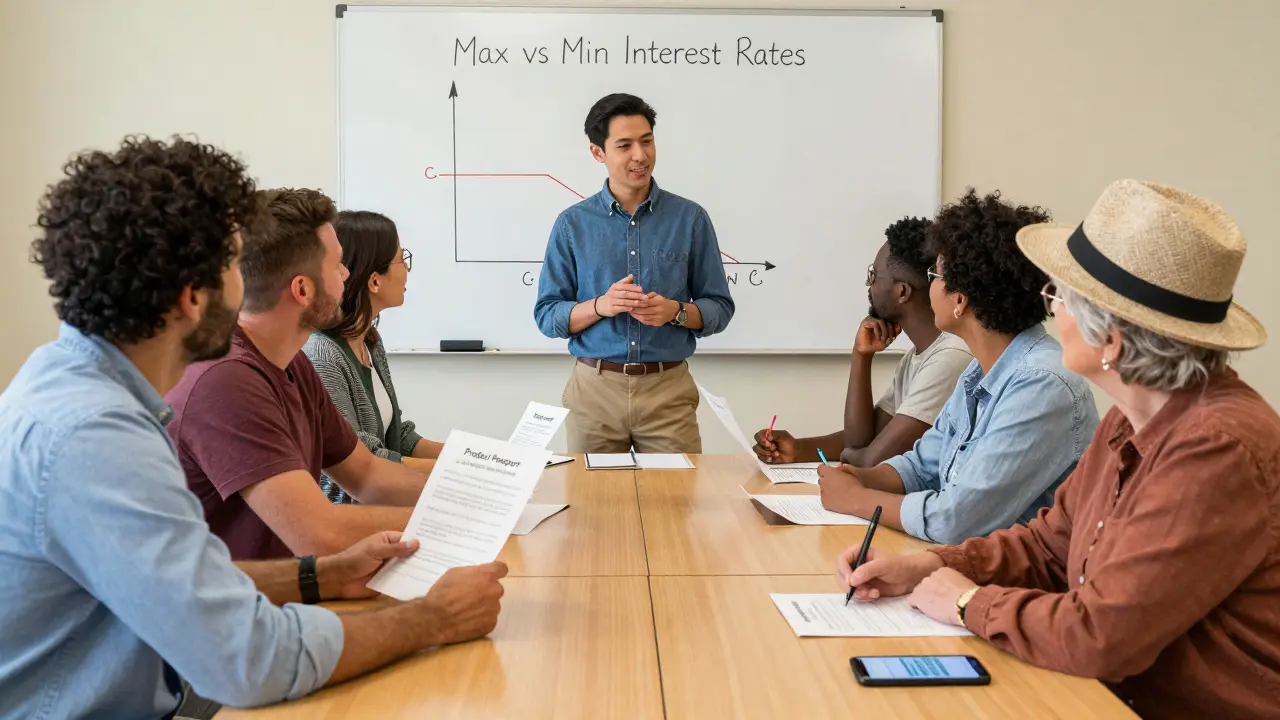 Группа людей в центре обсуждает паспорт вклада с финансовым консультантом.