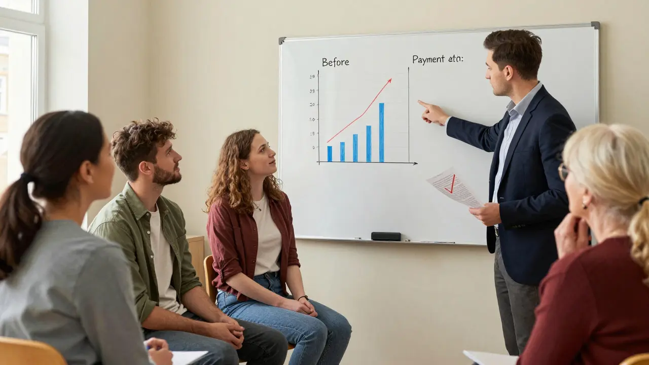 Группа людей в центре помощи слушает финансового консультанта, который объясняет выгоду рефинансирования.