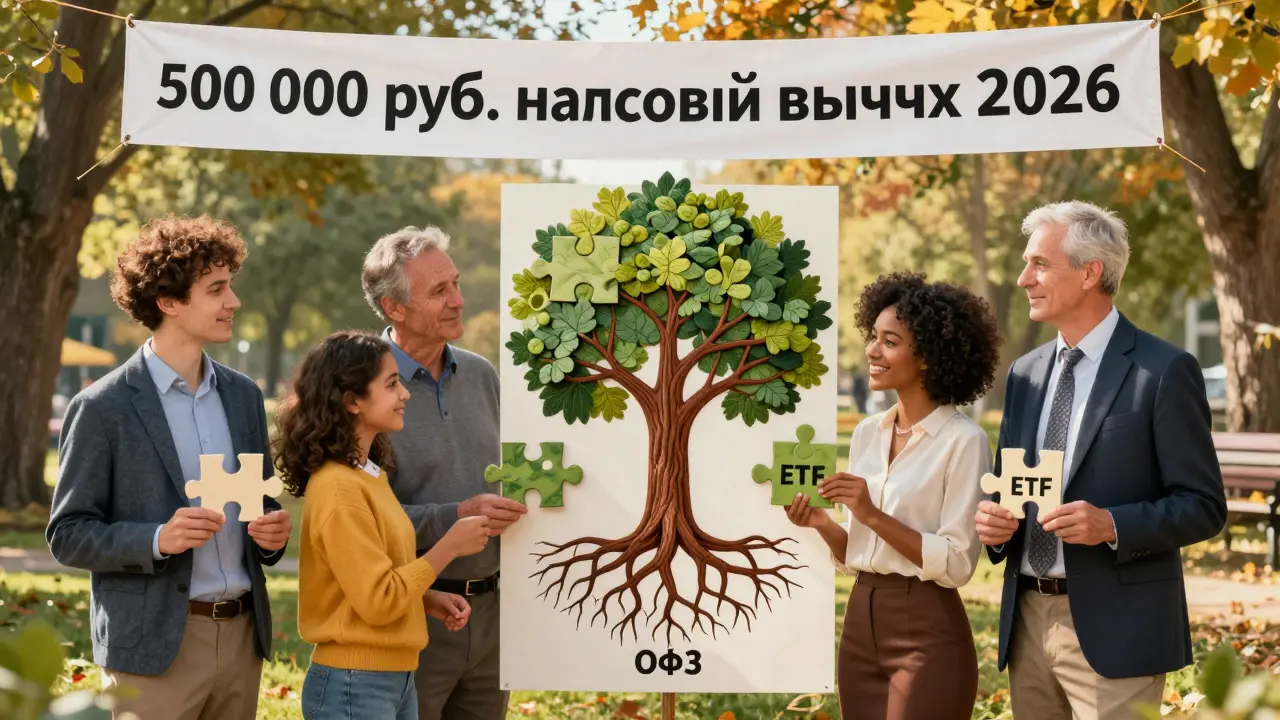 Группа людей в парке держит пазл в виде дерева с метками ОФЗ и ETF, осенний свет.