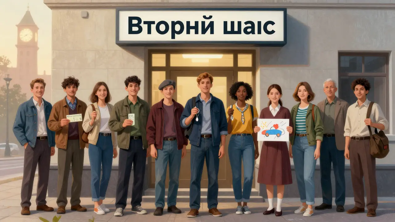 Люди в очереди у банка с символами надежды на финансовое возрождение.