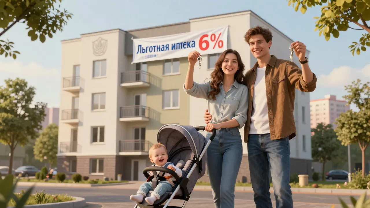 Молодая пара с ребёнком получает ключи от новой квартиры по льготной ипотеке.