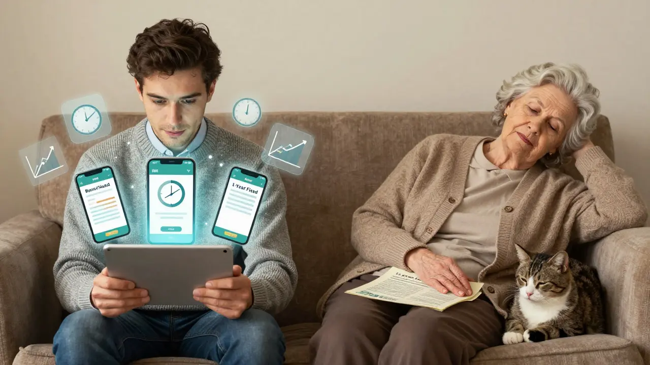 Молодой инвестор активно управляет вкладами, пожилая женщина спокойно отдыхает с одним вкладом.