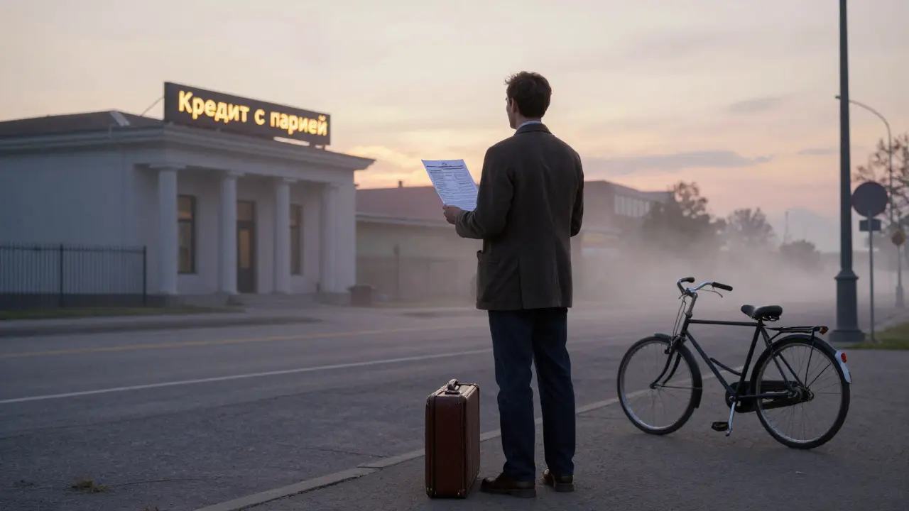 Мужчина с кредитной историей смотрит на банк на рассвете, символизируя новый шанс.