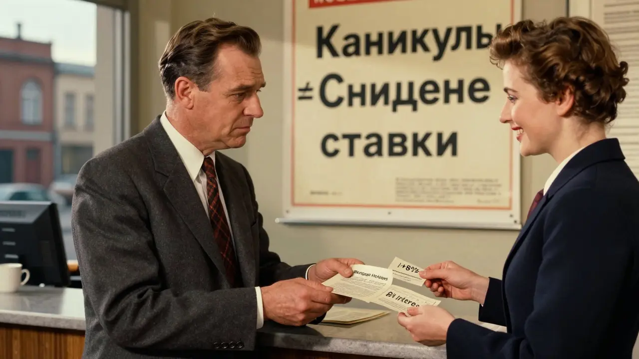 Мужчина в банке получает квитанцию с увеличением процентов после каникул.