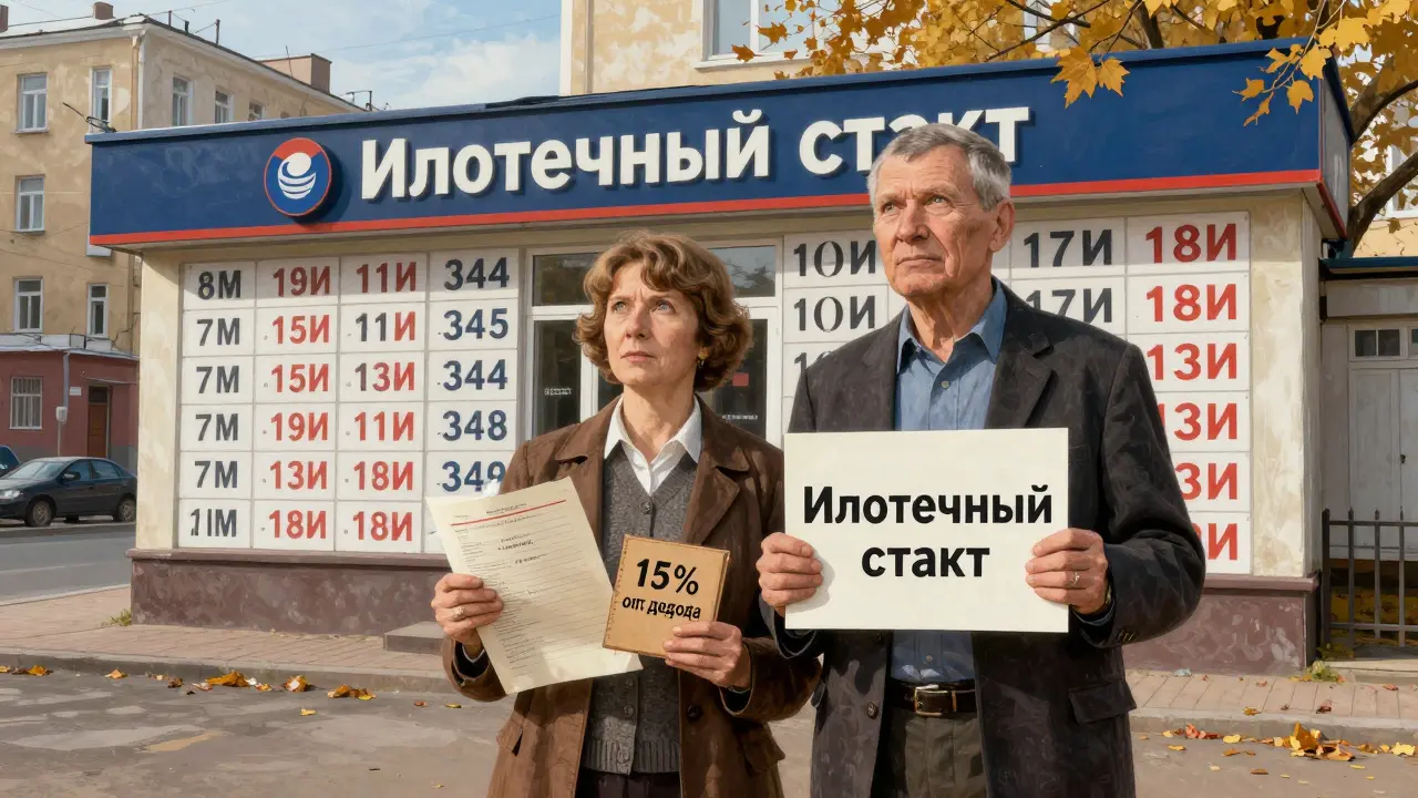 Пара в офисе недвижимости смотрит на цены квартир, держа документы о накоплениях.