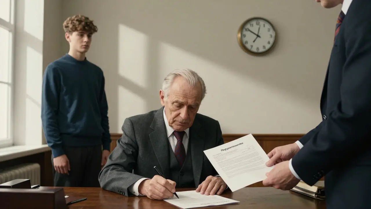 Пожилой мужчина подписывает договор поручительства в банке, выражение лица тревожное, вокруг тишина и тени.