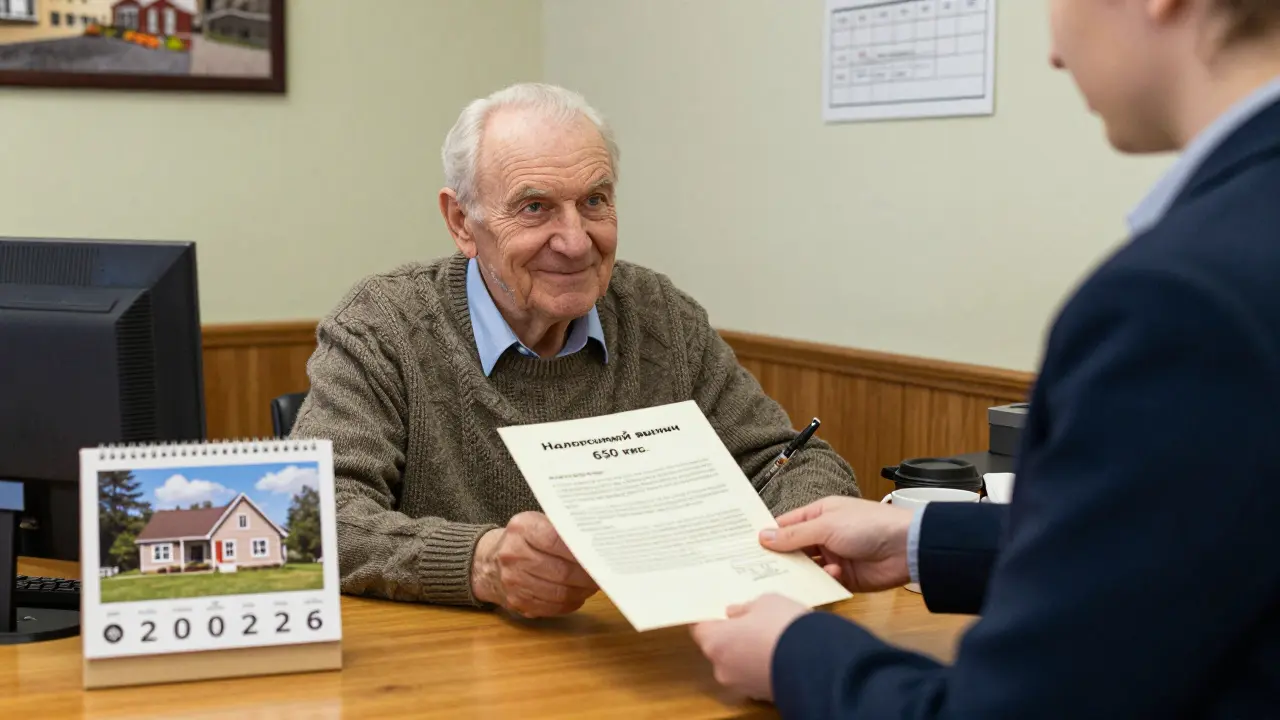 Пожилой мужчина получает документ о налоговом вычете за покупку жилья в банке.