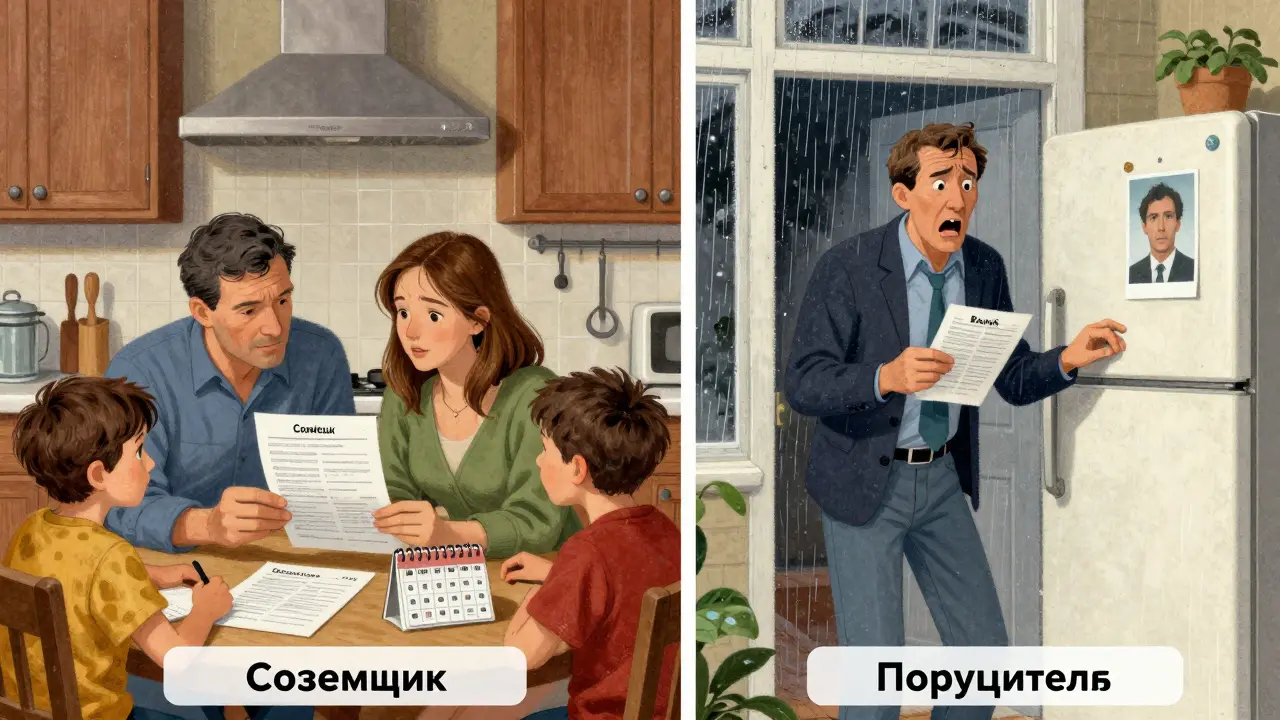 Разделенная сцена: слева — семья обсуждает кредит, справа — одинокий поручитель получает уведомление о долге.