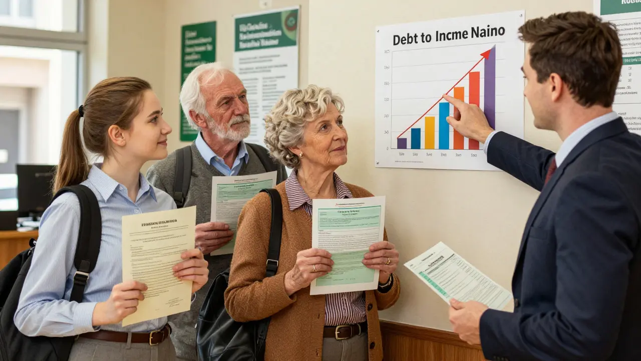 Разные люди в банке получают советы о долговой нагрузке от консультанта.