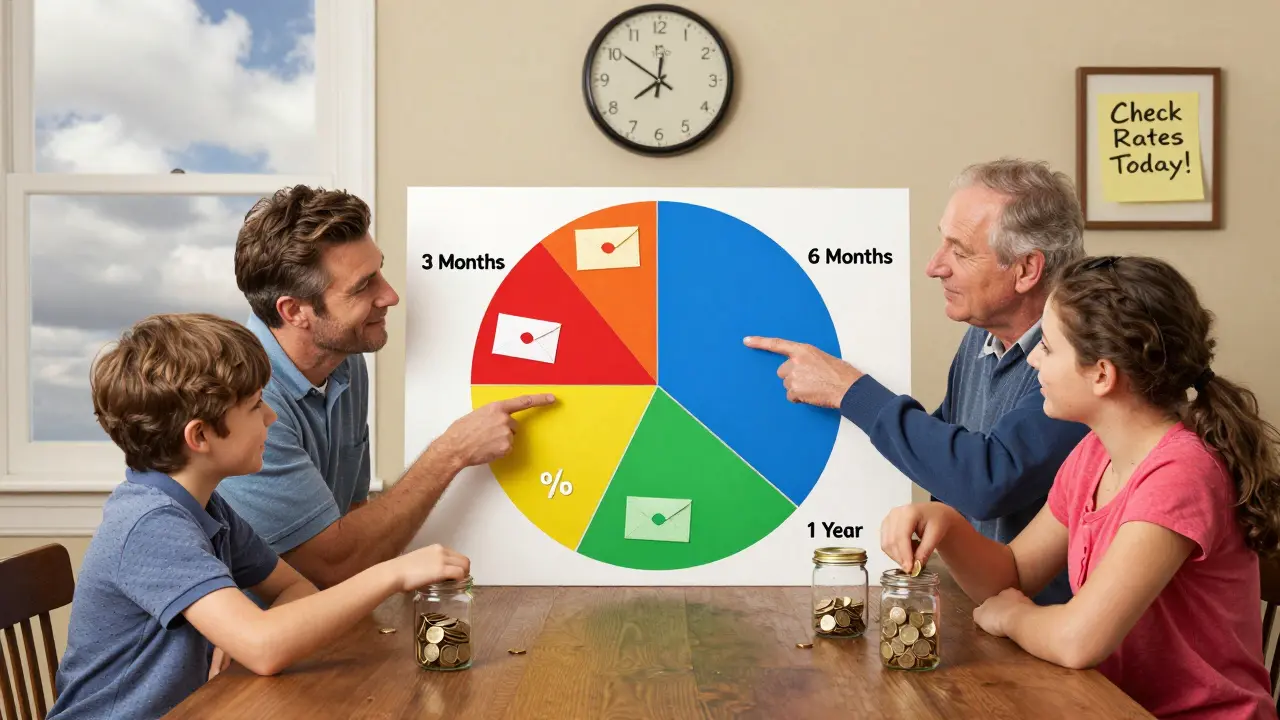 Семья обсуждает распределение сбережений по срокам вкладов за обеденным столом.
