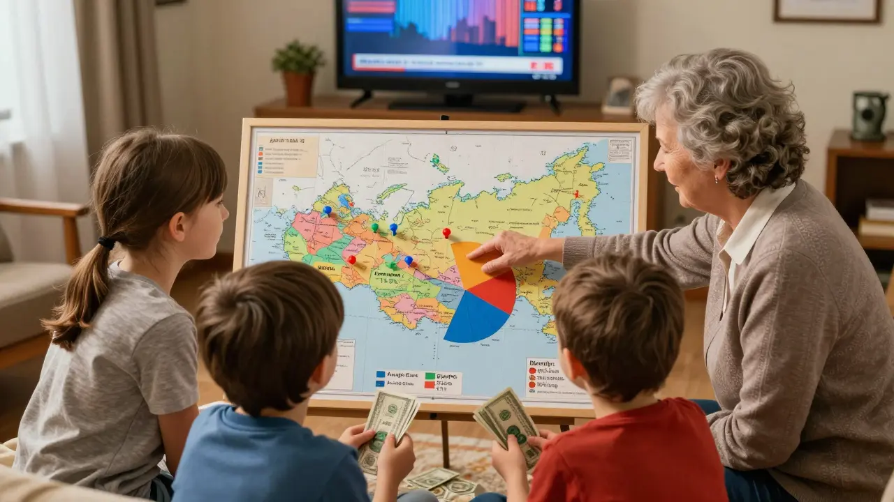 Семья обсуждает вклады на карте России с цветными метками банков и диаграммой диверсификации.