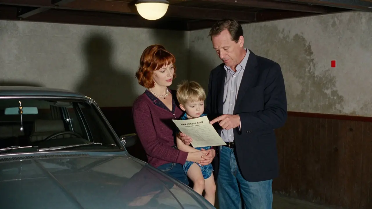 Семья у машины в гараже, отец показывает на предупреждение о риске потери авто, тень банка за ними.