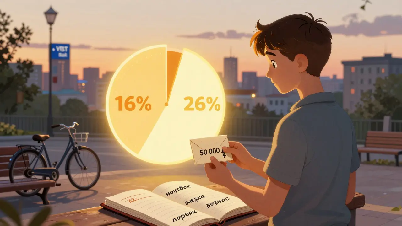 Студент держит конверт с 50 000 рублей, перед ним — диаграмма процентных ставок.