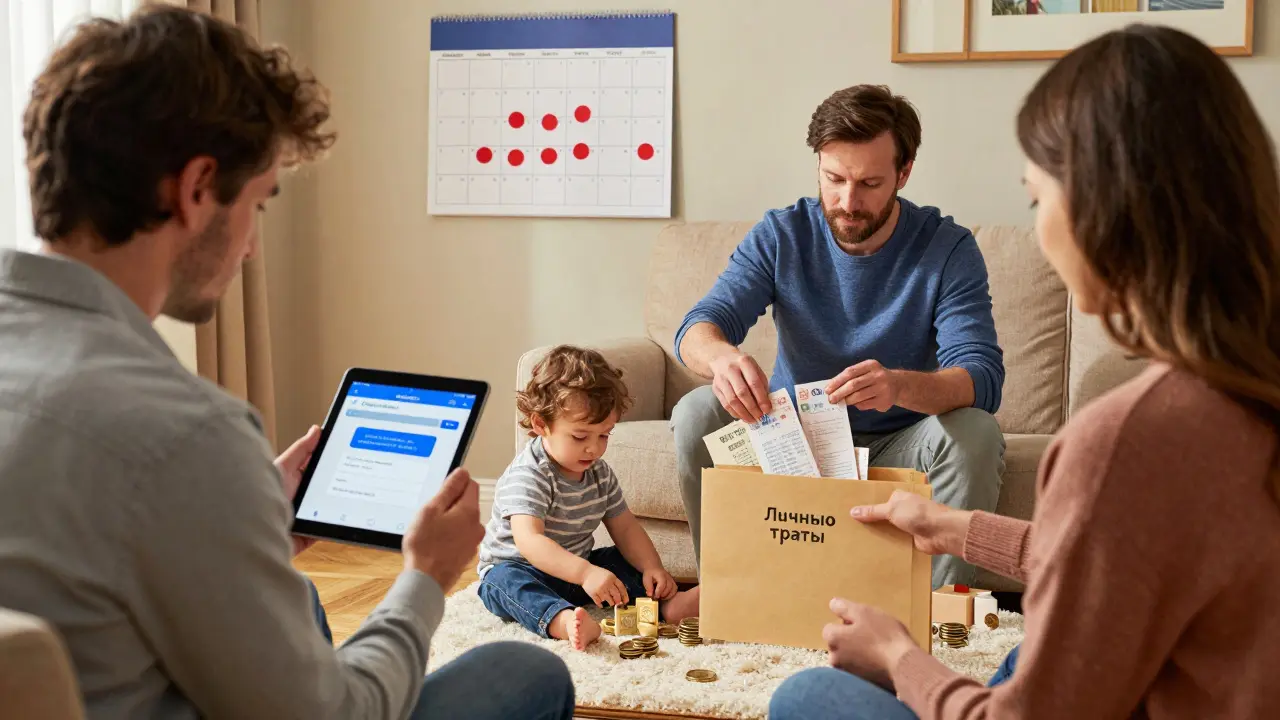 Супруги вместе анализируют финансы через приложение, ребёнок играет на полу, а на стене — календарь с пометками.