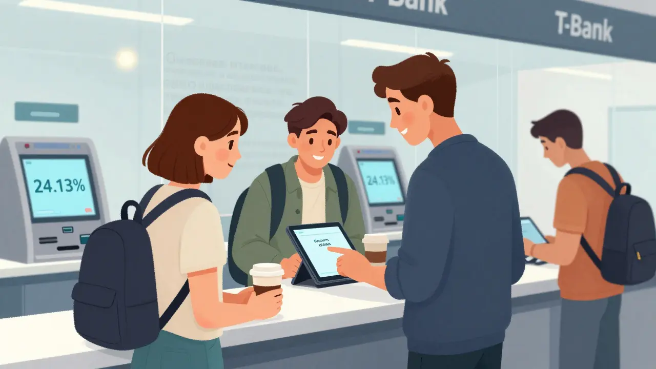 Трое молодых людей открывают вклад через планшет в современном банке.