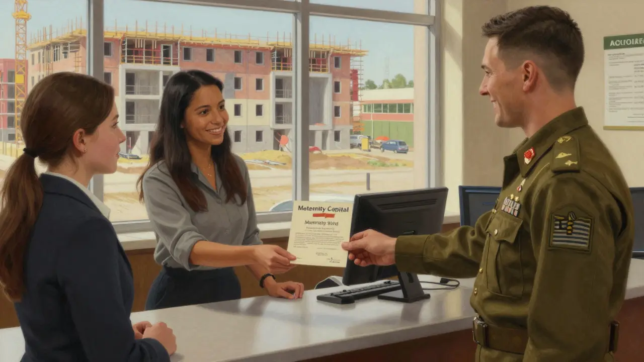 Военный и молодая женщина подают документы в банк для ипотеки с маткапиталом.