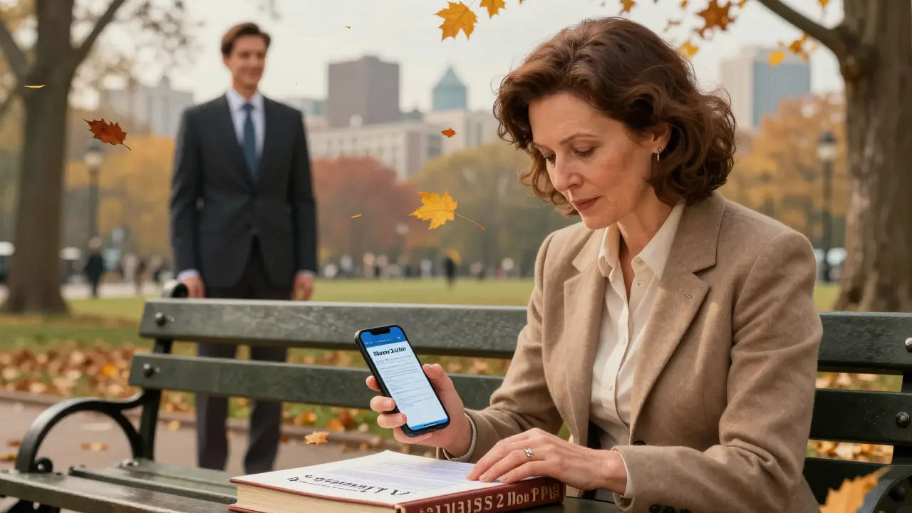 Женщина подписывает кредит на телефоне в парке, держа книжку с вкладом, осенние листья вокруг.