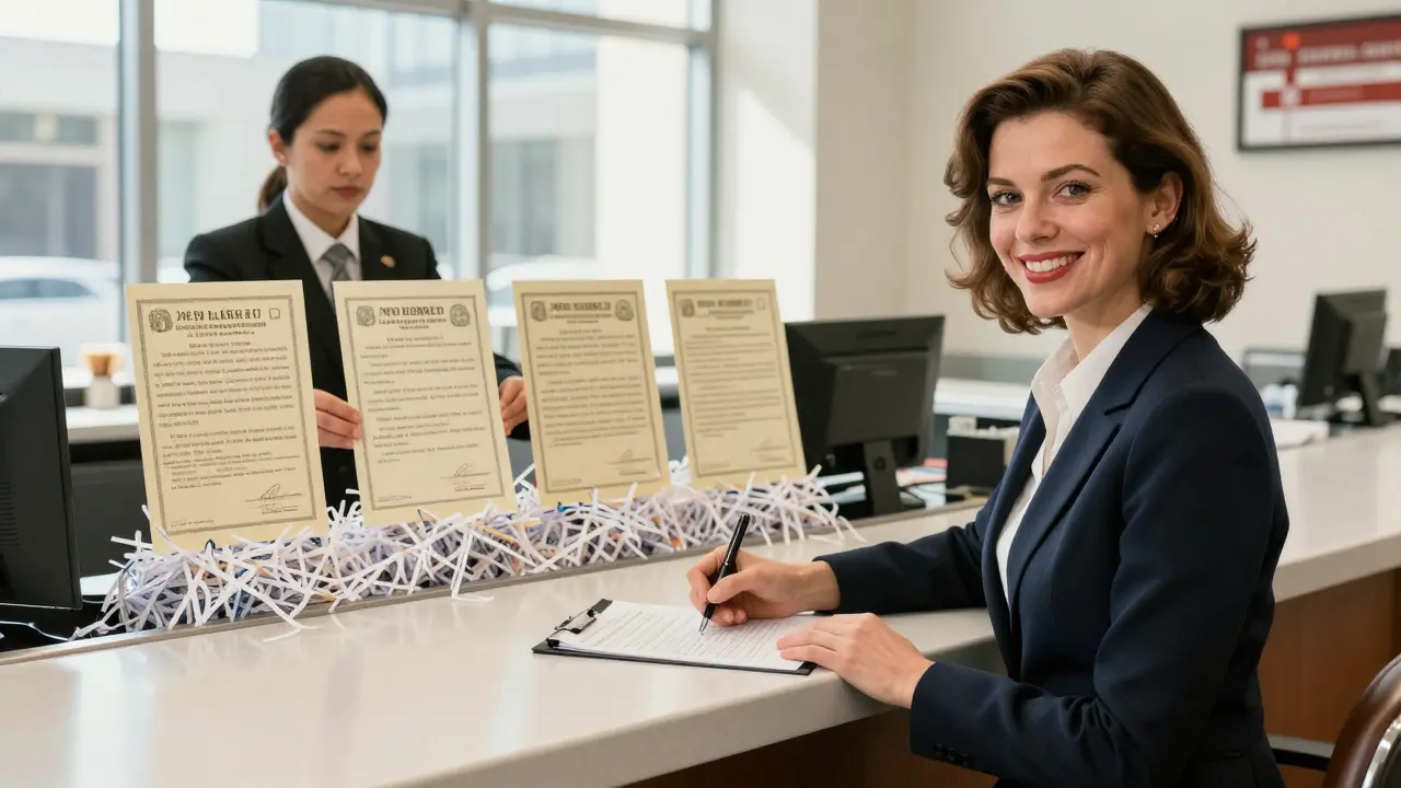 Женщина подписывает кредитный договор в банке, пока старые кредиты уничтожаются в фоне.