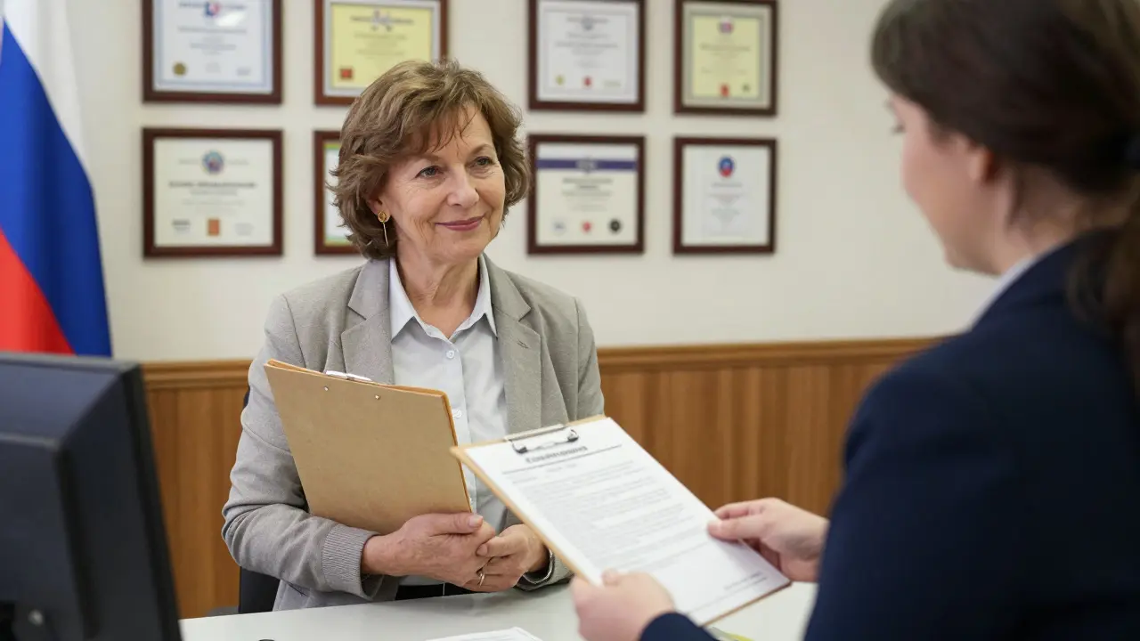 Женщина получает форму для кредитных каникул от сотрудника банка в теплой атмосфере.