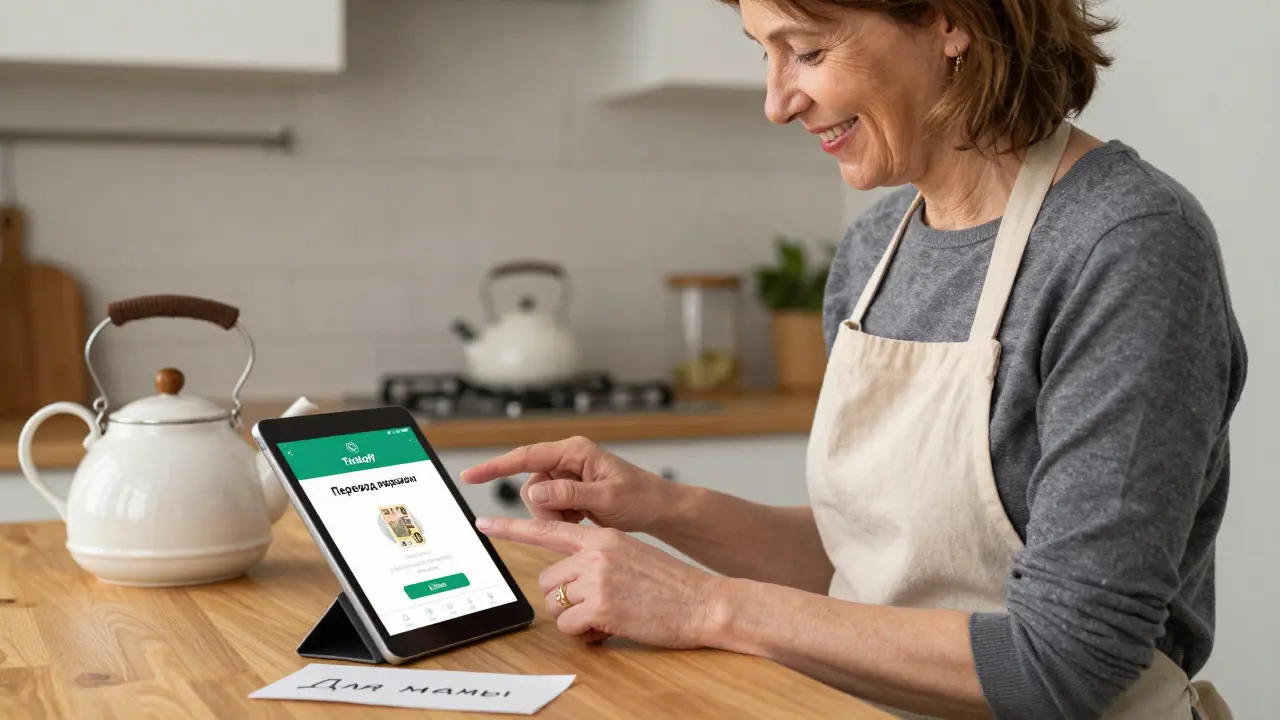 Женщина получает уведомление об успешном переводе на кухне с чаем и запиской для мамы.