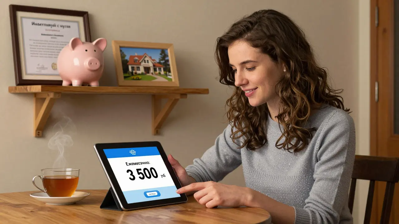 Женщина смотрит на автоматический перевод инвестиций, на полке — копилка и фото дома.
