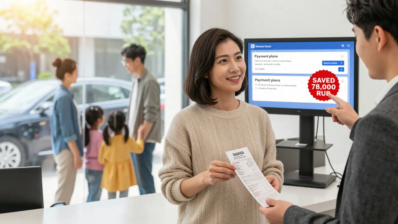 Женщина в банке смотрит на экран с графиком платежей, семья наблюдает за новой машиной за окном.