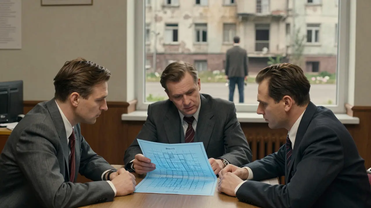Банковские сотрудники изучают план маленькой комнаты, за окном — старый пятиэтажный дом.