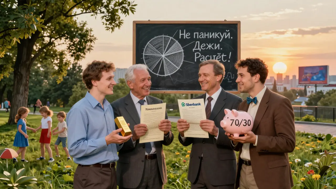 Четыре человека в парке держат символы инвестиций: золото, облигации, акции и схему 70/30, на фоне умиротворяющего заката.