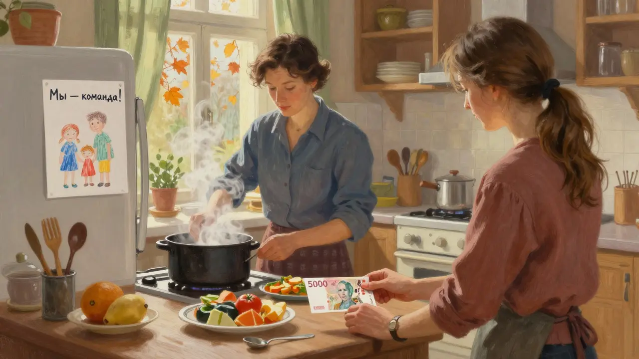 Домашний партнер готовит ужин, на столе — конверт с деньгами как признание ценности труда.