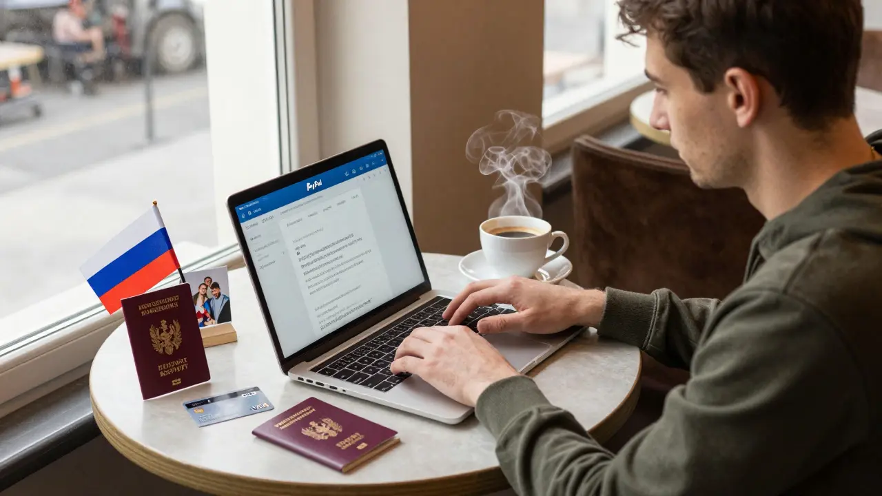 Фрилансер в Ереване с картой Visa, паспортами и ноутбуком, на столе кофе и фото семьи, солнечный свет из окна.