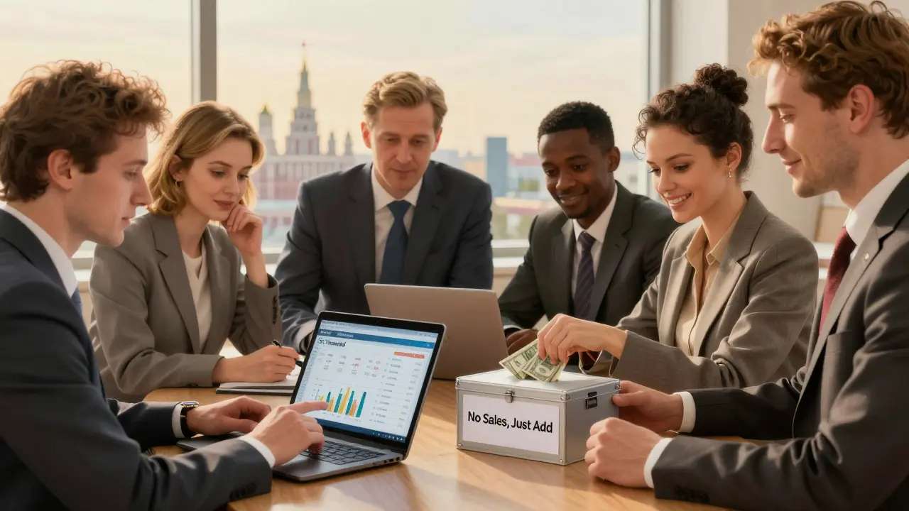 Группа инвесторов за столом смотрит на экраны портфелей, один проверяет уведомление о 5% отклонении, другой добавляет деньги без продаж.